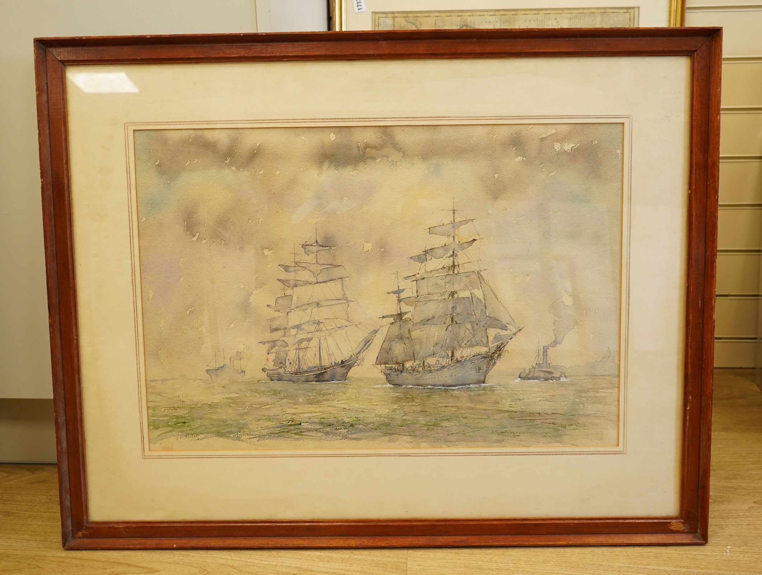 J. H. Jerram, Tall ships at sea, signed, watercolour heightened with white, 45 x 67cm